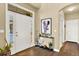 Bright foyer with hard wood floors, white door, and stylish decor creates a welcoming entry at 10112 Bluffmont Ln, Lone Tree, CO 80124