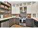This kitchen features stainless steel appliances, white cabinets and a tile backsplash at 10112 Bluffmont Ln, Lone Tree, CO 80124