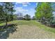 View of the grassy backyard featuring mature trees and lush landscaping, creating a serene outdoor space at 7724 S Lafayette Ct, Centennial, CO 80122