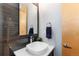 Modern powder room featuring a vessel sink, stylish faucet, and a sleek mirror and lighting at 5 Harrison St, Denver, CO 80206