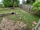Landscaped backyard featuring a wooden fence, a brick-lined garden area, and mature trees at 3246 S Nucla St, Aurora, CO 80013