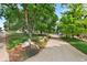 Lush front yard featuring mature trees, landscaped area, and a long concrete driveway at 6307 S Gallup St, Littleton, CO 80120