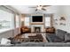 Inviting living room features a cozy fireplace, modern ceiling fan, and stylish furnishings at 2028 Trail Stone Ct, Castle Rock, CO 80108