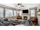 Comfortable living room with a fireplace, large windows, and comfortable seating at 2028 Trail Stone Ct, Castle Rock, CO 80108