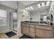 Bathroom with a glass shower, vanity with ample counter space, and modern lighting fixtures at 25062 E Cedar Pl, Aurora, CO 80018