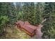 Aerial view of a cozy home with a red roof, surrounded by lush green trees in a peaceful, secluded setting at 27802 Shadow Mountain Dr, Conifer, CO 80433