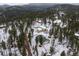 Scenic aerial view of property nestled among dense trees and snow-covered hills at 27987 Pine Grove Trl, Conifer, CO 80433