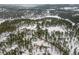 A wintery aerial view shows the home nestled in a dense forest and the distant mountains at 27987 Pine Grove Trl, Conifer, CO 80433
