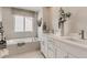 Luxurious bathroom featuring a soaking tub, double vanity with modern fixtures, and stylish decor at 13333 Blue Amber Ct, Parker, CO 80134