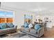 Bright and open living room featuring hardwood floors, a view to the kitchen and two comfortable couches at 4125 Marble Dr, Longmont, CO 80504