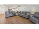 Open living space with contemporary furnishings, view of the kitchen, and wood flooring at 745 S Alton Way # 11A, Denver, CO 80247