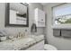 Cozy bathroom featuring a granite countertop, a mirror, and storage space at 5870 S Perth Pl, Centennial, CO 80015