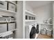 Convenient laundry room features a washer, dryer, storage shelves, and folding area providing organization and efficiency at 14998 Cast Pebble Cir, Parker, CO 80134