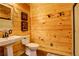 Bathroom with wood paneled walls, rustic decor, and a pedestal sink at 11450 Marks Dr, Conifer, CO 80433