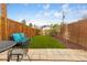 Backyard featuring an artificial lawn, stone patio, wood fence, and comfortable seating; perfect for outdoor entertaining at 3034 N High St, Denver, CO 80205