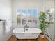Freestanding tub in bathroom with white tiled walls, shuttered window, and glass shower at 10057 S Shadow Hill Dr, Lone Tree, CO 80124