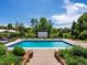 Inviting pool area with lounge chairs, manicured landscaping, and an outdoor movie screen at 10057 S Shadow Hill Dr, Lone Tree, CO 80124
