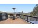Deck with comfortable seating, heat lamp and mountain views surrounded by trees at 11932 Coal Creek Heights Dr, Golden, CO 80403