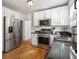 This kitchen features stainless steel appliances, white cabinets and black countertops at 2635 N Clayton St, Denver, CO 80205