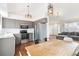 Modern kitchen featuring stainless steel appliances, wood floors, and gray cabinets at 5402 Sweet Grass Ct, Castle Rock, CO 80109