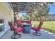 Covered patio area featuring comfortable red cushioned chairs and a rustic outdoor table at 13483 Achilles Dr, Lone Tree, CO 80124