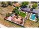 Aerial shot of residential neighborhood with a big tree, pool, backyard, and a small shed at 3145 W Farmdale Rd, Englewood, CO 80110