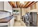 Laundry area equipped with modern washer and dryer, counter, and cabinetry at 9880 E 157Th Ave, Brighton, CO 80602