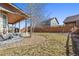 Backyard featuring a covered patio, landscaped yard, and wood fence at 5128 Longs Peak St, Brighton, CO 80601