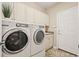 Convenient laundry room featuring updated washer and dryer and ample storage at 5128 Longs Peak St, Brighton, CO 80601
