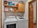 Functional laundry room with a modern washer and dryer and storage shelves above at 1225 Baker St, Longmont, CO 80501