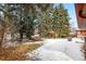 Expansive backyard with mature trees, a wooden gazebo, and a quaint footbridge covered in a blanket of snow at 1333 Mariposa Ave, Boulder, CO 80302