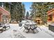 Snowy patio area with outdoor seating and a fire pit, surrounded by mature trees and a gazebo at 1333 Mariposa Ave, Boulder, CO 80302