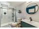 Modern bathroom with glass-enclosed shower, stylish vanity, and contemporary fixtures at 1325 S Ivy Way, Denver, CO 80224