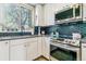 Kitchen with white cabinets, stainless steel appliances, and a black hexagon tile backsplash at 1325 S Ivy Way, Denver, CO 80224