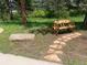 Landscaped yard with wagon wheel bench and stone path at 1151 Kenosha Dr, Larkspur, CO 80118