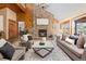 Cozy living room featuring a stone fireplace, wood paneling, and comfortable seating at 7570 Windford, Parker, CO 80134