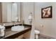 Stylish powder room features modern fixtures, granite countertop, and neutral décor at 9521 Garnett Way, Arvada, CO 80007