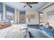 Spacious bedroom with bay windows, blue walls and ceiling fan at 1149 Steele St, Denver, CO 80206