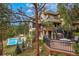 Stunning backyard view of a multi-level deck, pool, and hot tub surrounded by mature trees at 2521 Juniper Ct, Golden, CO 80401