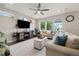 Cozy living room featuring a comfortable seating area, a ceiling fan, and a view into the yard at 6760 Mariposa Ct, Denver, CO 80221