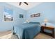 Serene bedroom with blue walls, a comfortable bed, side tables, and a bright window overlooking the neighborhood at 6055 Point Rider Cir, Castle Rock, CO 80104