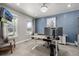Bright home office features a modern desk, two windows, and stylish blue accent wall at 1825 Wingfeather Ln, Castle Rock, CO 80108
