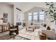 Spacious living room featuring vaulted ceiling, large windows, fireplace, and modern furnishings at 959 Promenade Dr, Superior, CO 80027
