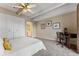 Neutral bedroom with white ceiling beams, closet and bathroom entrance at 130 N Pearl St # 805, Denver, CO 80203