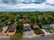Aerial view of a neighborhood featuring lush greenery and a home with modern solar panels at 3636 Ames St, Wheat Ridge, CO 80212