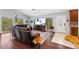 Bright living room with large windows offering scenic views and comfortable leather seating, blending indoor comfort with nature's beauty at 11398 Ranch Elsie Rd, Golden, CO 80403