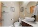 Cozy powder room featuring modern vessel sink, unique artwork, and corner shelves for added storage and decor display at 11398 Ranch Elsie Rd, Golden, CO 80403