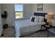 Comfortable bedroom featuring soft carpet, a padded headboard, stylish decor, and a window overlooking the landscape at 6077 Idlewild Pl, Brighton, CO 80601