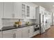 Contemporary kitchen featuring white cabinets, stainless steel appliances, and decorative hardware at 2230 Rim Ridge Dr, Castle Pines, CO 80108