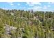An overhead distant shot of a rural mountain home nestled amongst lush green trees at 1278 Aspen Dr, Evergreen, CO 80439